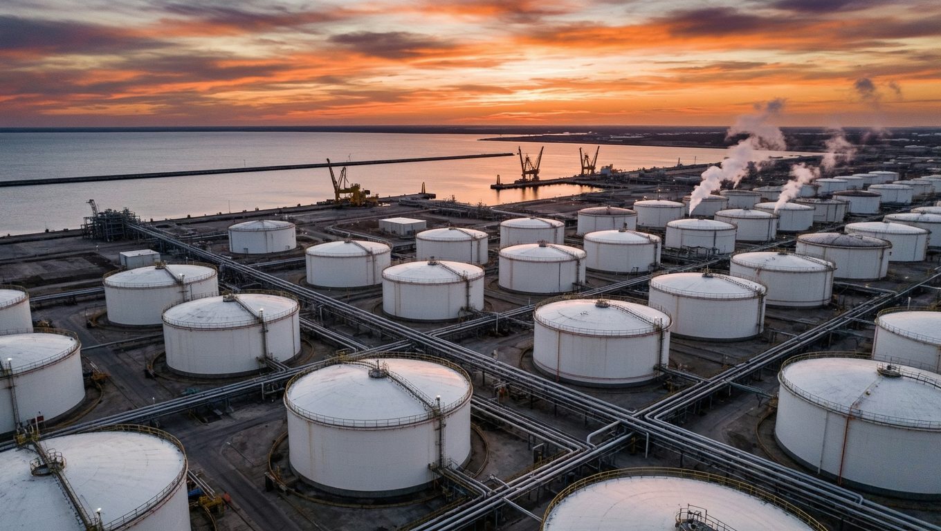 Oil terminal at dusk — Rotterdam Port storage tanks